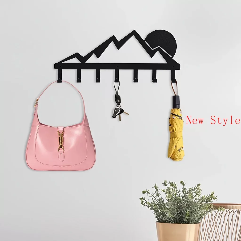 

Mountain Metal Key Holder 7 Hooks Sunset Scenery Black Iron Wall Mounted Hooks Decorative Organiser Rack Wall Hanging Decoration