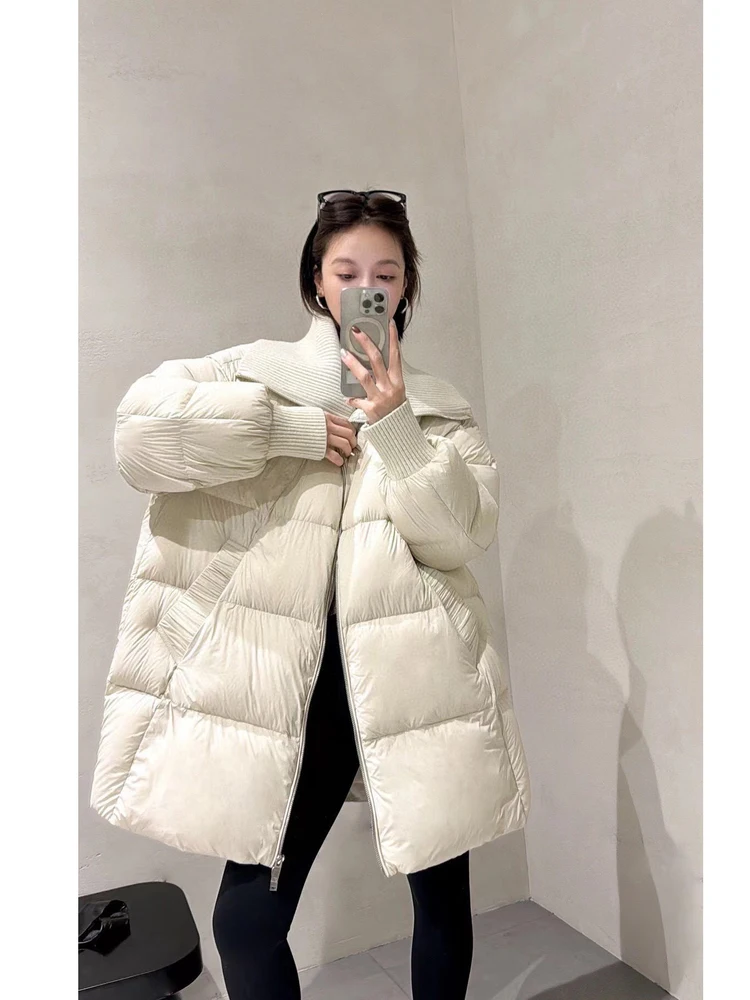 Cloudlike Soft Thiened  Sle Simple Aosphere Loose Pure Color Knitted Stand Collar Women's down Jaet Coat