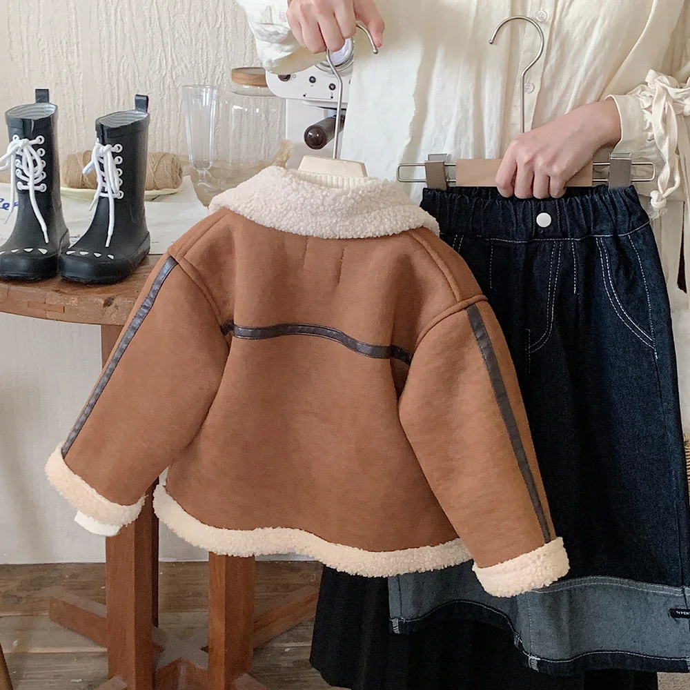 Winter Baby Boys Girls Lapel Warm Fur Coat Korean New Long Sleeve Suede Fabric Children Outerwear Kids Solid Lamb\'s Wool Clothes