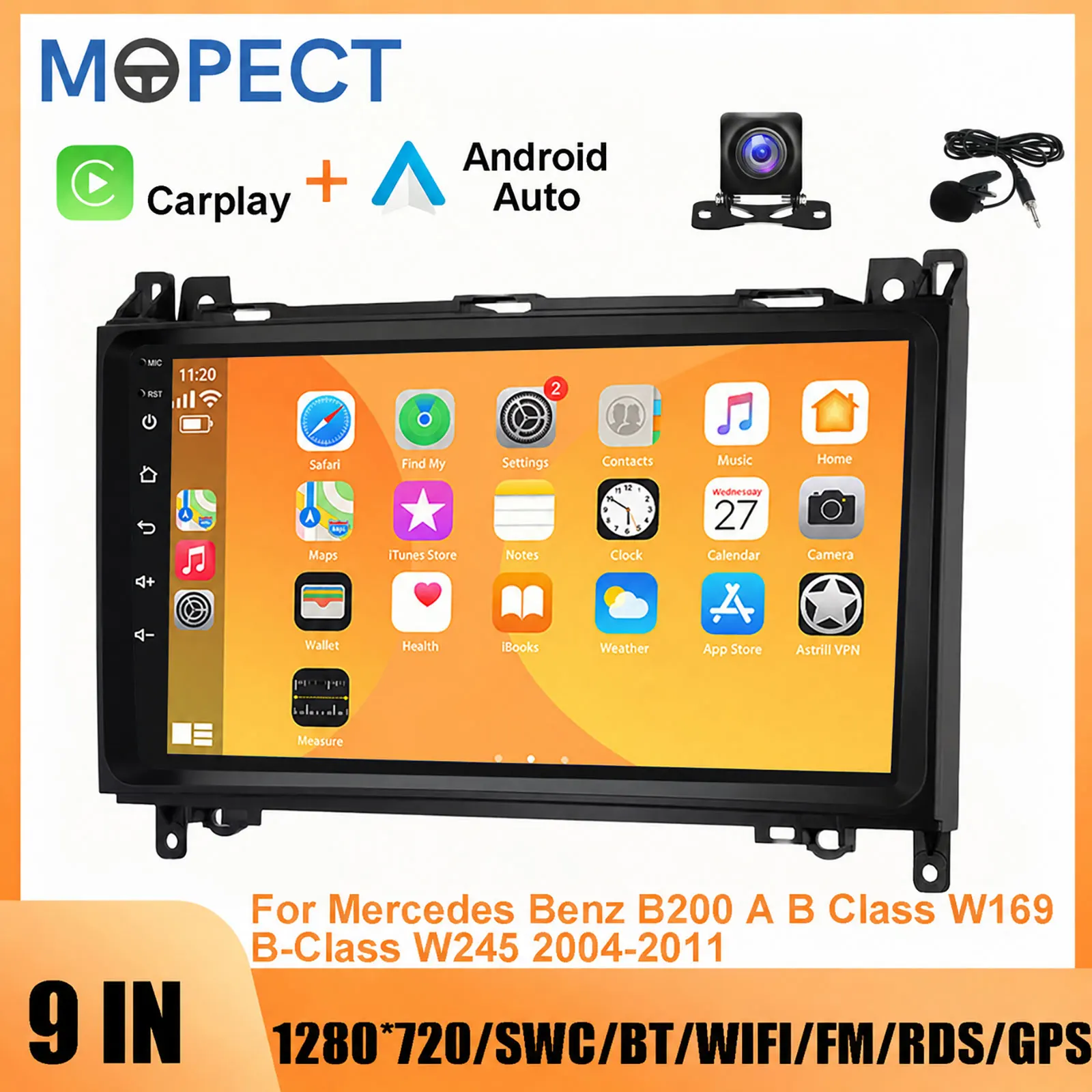 Autoradio MOPECT 9 6+128G per Mercedes Benz B200 Classe A B W169 A160 A180 A200 A220 2009-2012 Android Auto Multimedia Carplay Navigazione 2din BT Telecamera e Microfono