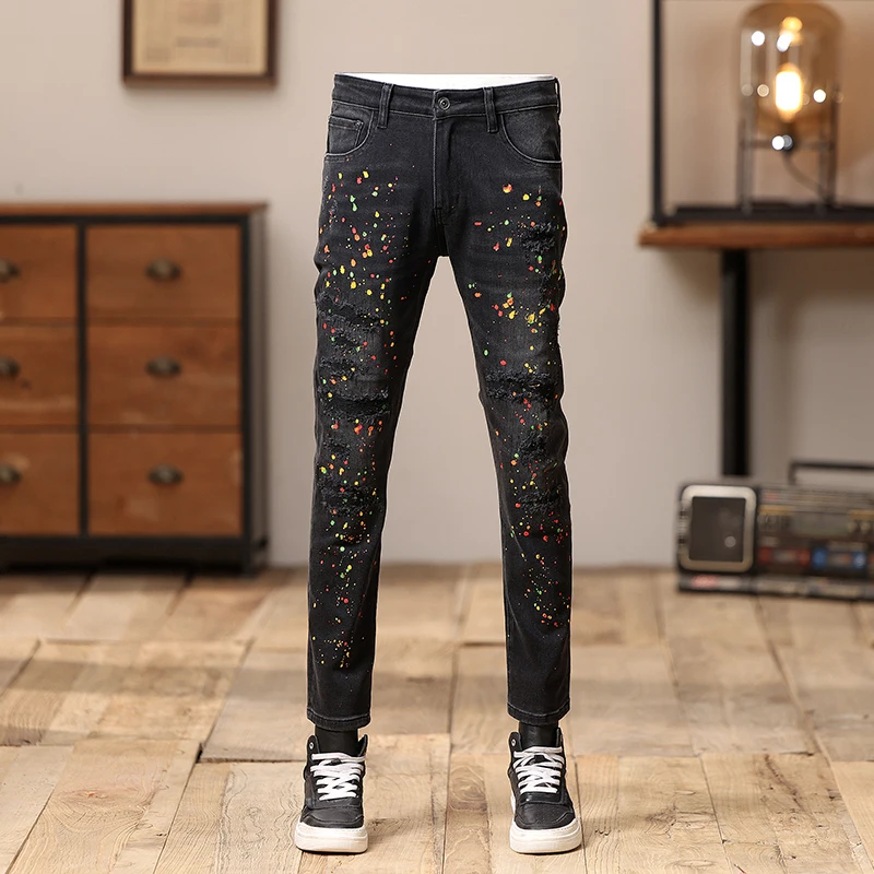 

Street Fashion Men Jeans Retro Black Gray Stretch Slim Fit Ripped Jeans Men Painted Designer Hip Hop Splashed Denim Pencil Pants