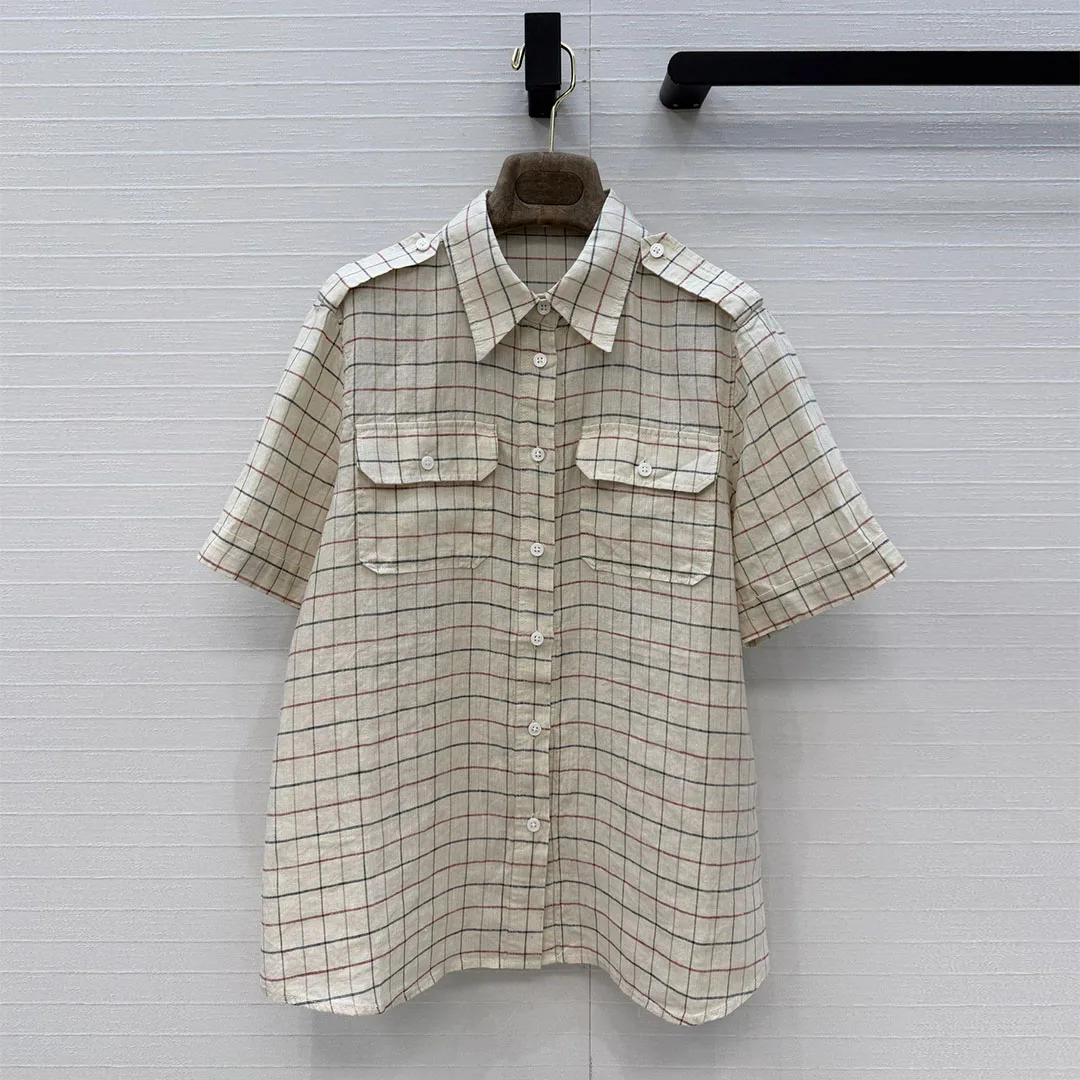 

Vintage Old Money Style 100% Linen Summer Shirt Women Contrast Plaid Pattern Lapel Short Sleeve Loose Casual Blouse Tops