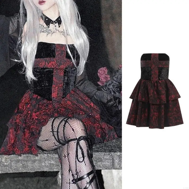 

L38E женское готическое эстетическое лоскутное бархатное сексуальное многоуровневое мини-платье трапециевидной формы без