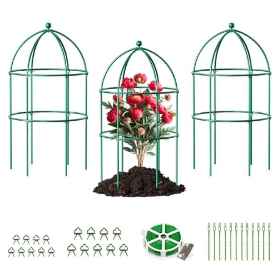 3 Pack Peony Cage for Outdoor Indoor Use, Galvanized Steel, Black, Rustproof Heavy-Duty Support for Climbing Plants like Clemat