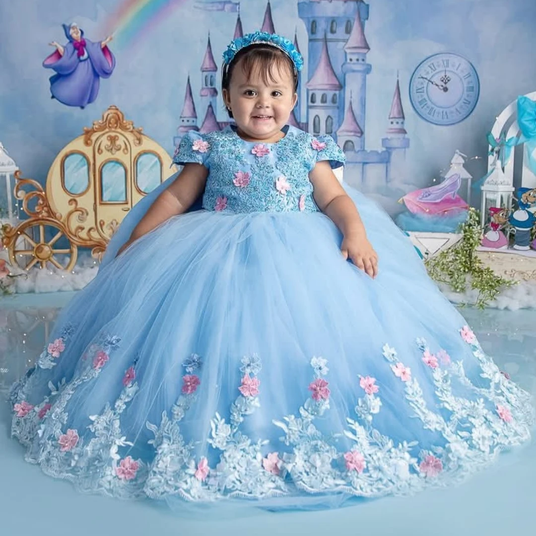 

Customized Flower Girl Dress Sky Blue Floral Embroidery Short Sleeve For Wedding Birthday Party Banquet Holy Communion Gown