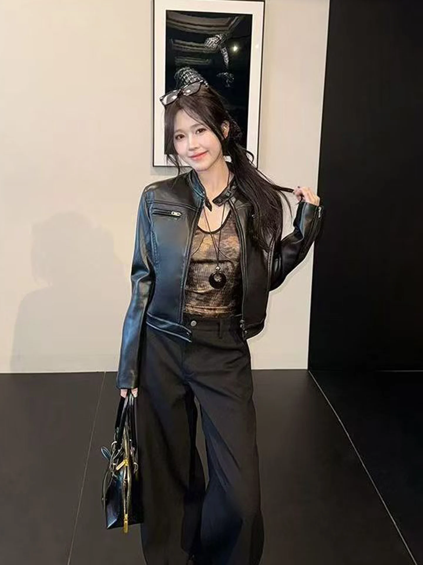 

Retro American Classic Bla ort PU Leather Jaet Women's Spring New Zipper Motorcycle Sle Stand Collar Trendy Outerwear