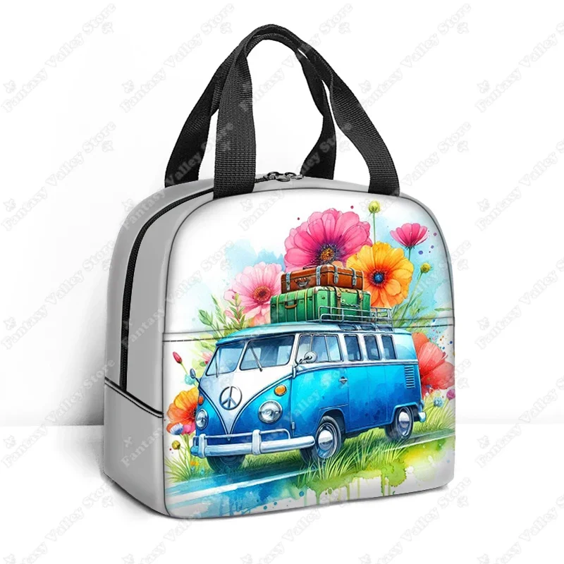 Watercolor Travel Car Print Lunch Bag Electric Motorcycle School Bus Flowers Lunch Box Outdoors Portable Thermal Lunch Bags Gift