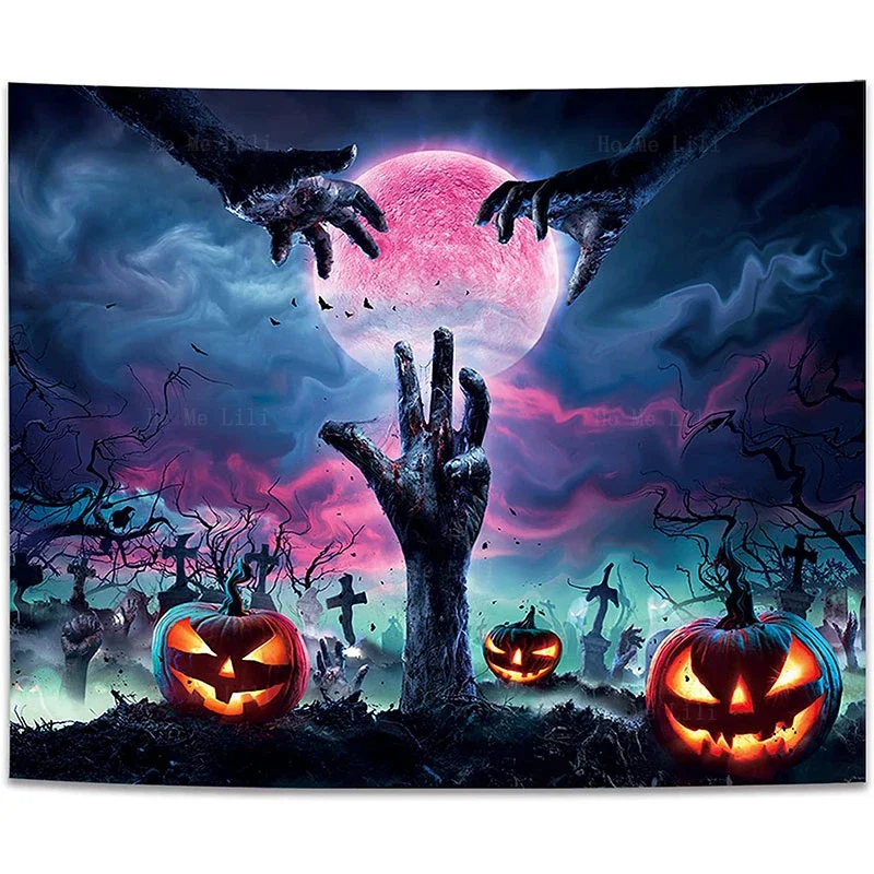 Halloween Pumpkin Head Nightmare Party Dark Creepy Purple Spooky Scary Horror Hand Wall Hanging Tapestry For Bedroom Aesthetic