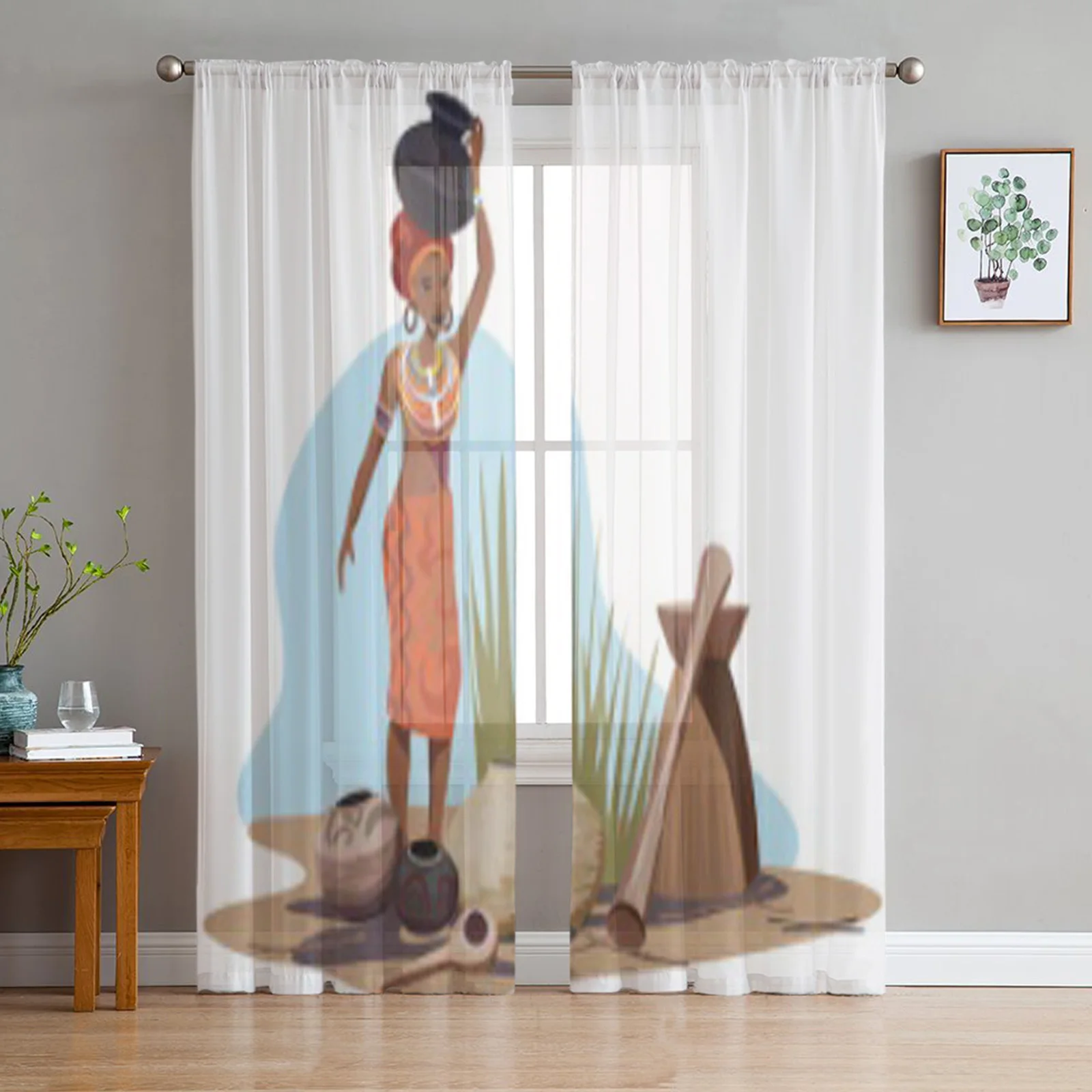 Illustration With An African Woman Carrying A Pot Bay Window Screening Curtains Voile Drape Sheer Tulle for Living Room Bedroom