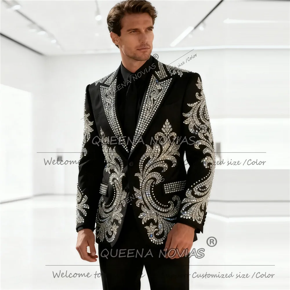 

Luxury Beaded Men Suits Slim Fit Stones Groom Wedding Tuxedos 2 Pieces Set Male Prom Blazer Customized Terno Masculinos Completo