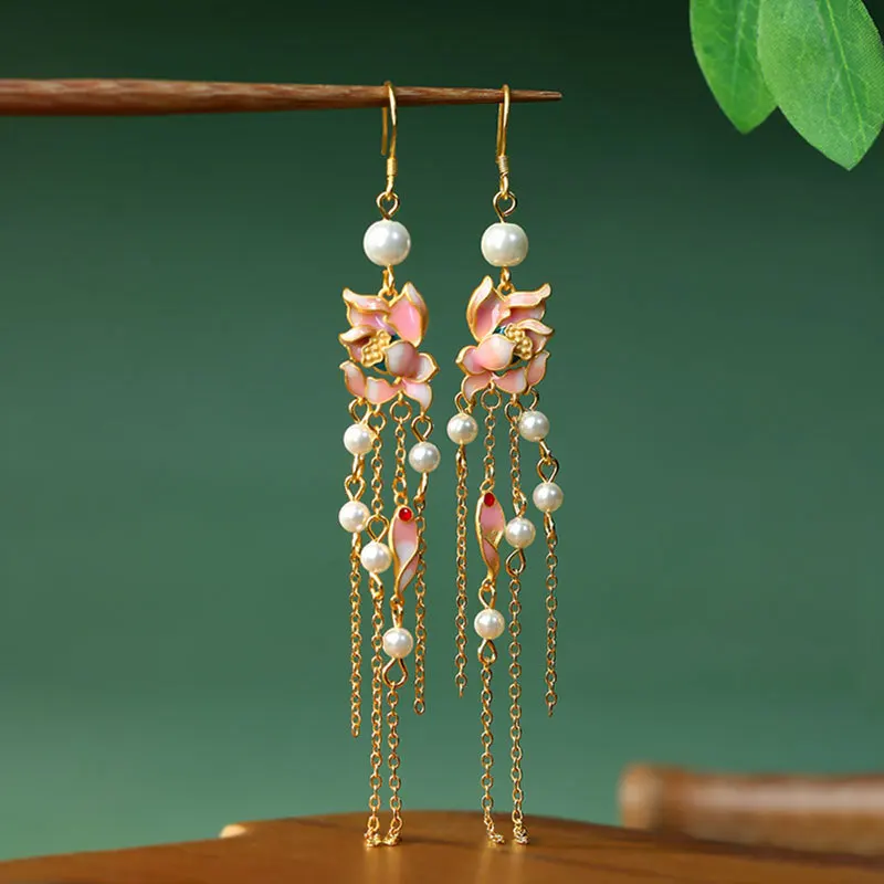 

Chinese Style Antique Enamel Flower Like Brocade Retro Style Long Tassel Pearl Women's Earrings Classical Accessories