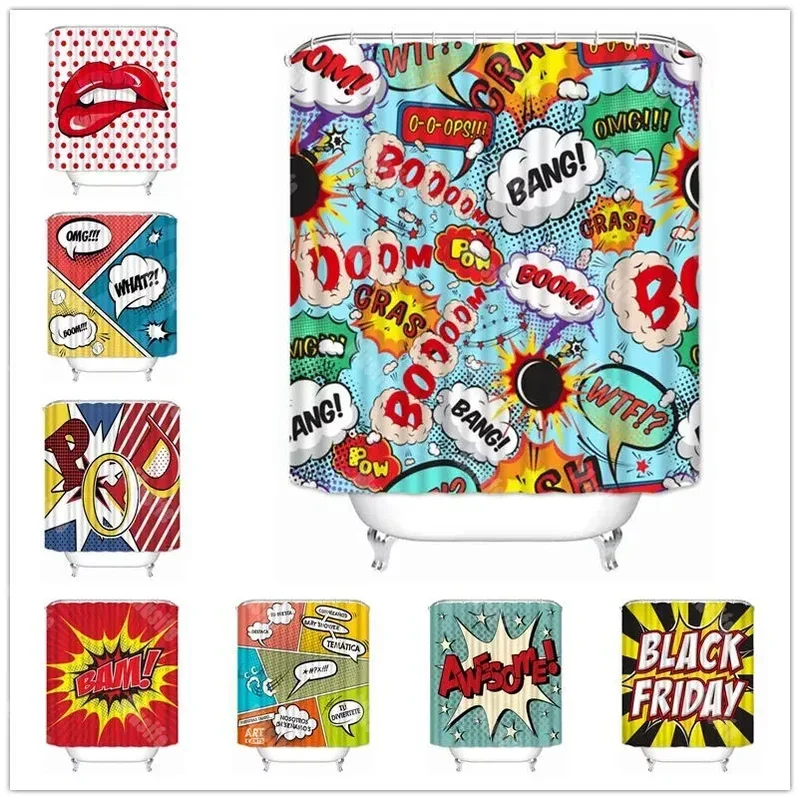 Super-Hero Shower Curtain Comic Style Effects Humor Speech Bubbles Funny Vivid Cartoon Bang Boom Pop Art Illustarion Design