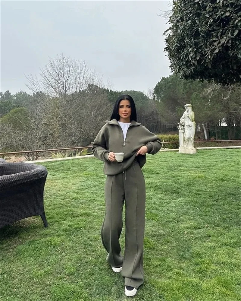 طقم بدلة رياضية نسائية بنصف سحاب، سويت شيرت قصير برقبة عالية، بنطال واسع الساق، كاجوال فضفاض مكون من قطعتين