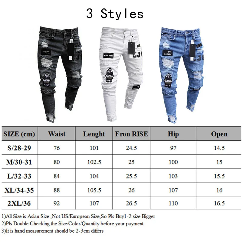 Men Embroidery Cartoon Print Jeans Stretchy Ripped Skinny Biker Destroyed Hole Denim High Quality Slim Hip Hop Jeans Men Black