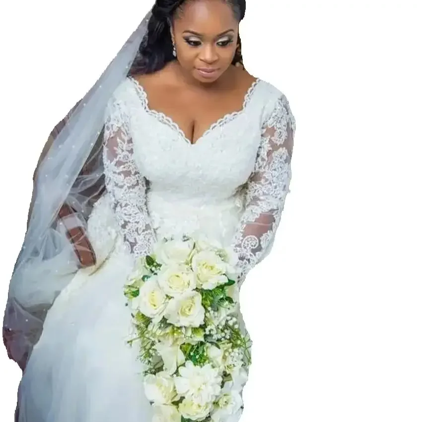 Maßgeschneiderte klassische Brautkleider in Übergröße mit herzförmigem Ausschnitt, Spitze, langen Ärmeln und Schleppe, Vestido De Noiva