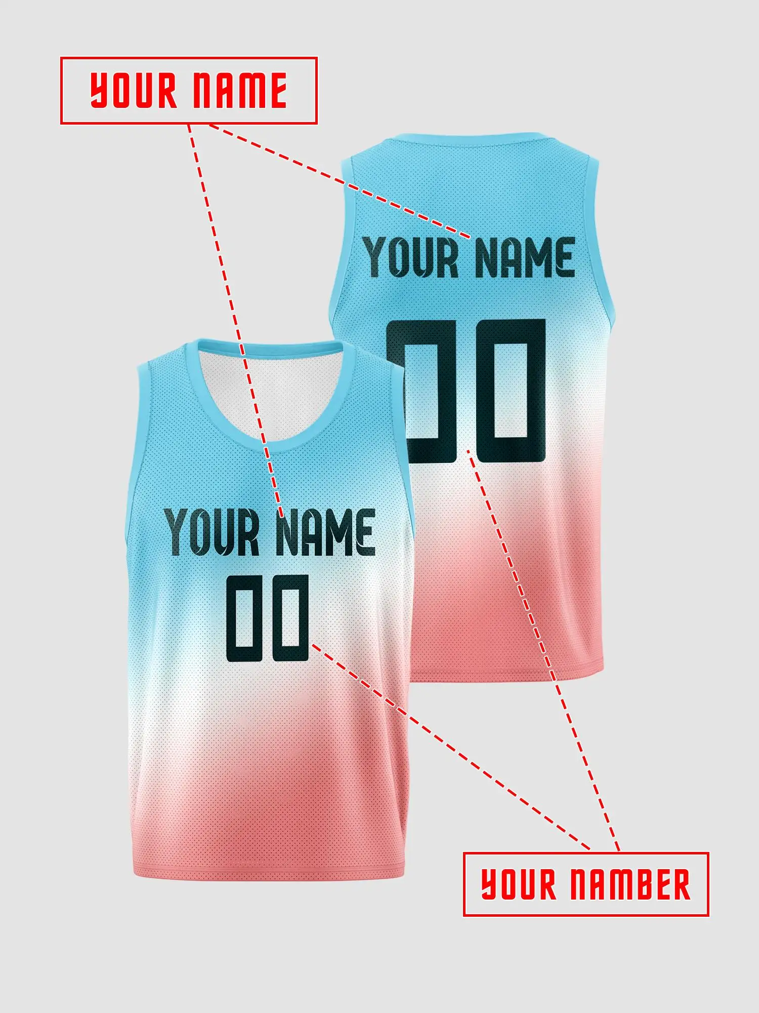 Light‑Blue Pink Gradient Custom Basketball Jersey, Adults Kids Name Number Print Quick‑Dry Set