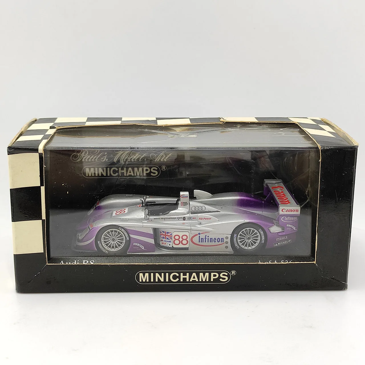 

Коробка с треснувшими под давлением MINICHAMPS масштаб 1:43 Audi R8 24 часа Le Mans 2004 модель автомобиля из сплава, Коллекционная игрушка, подарок, сувенирный дисплей