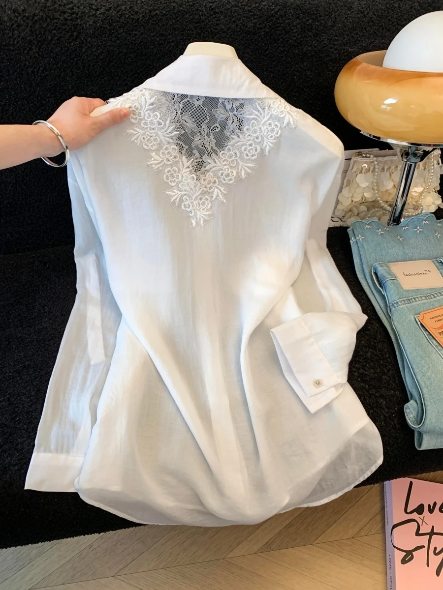 

Lace Splice Collar Long Sleeve Women's Shirt Summer Thin Outer Loose Slimming Sun Protection Open Cardigan Coat