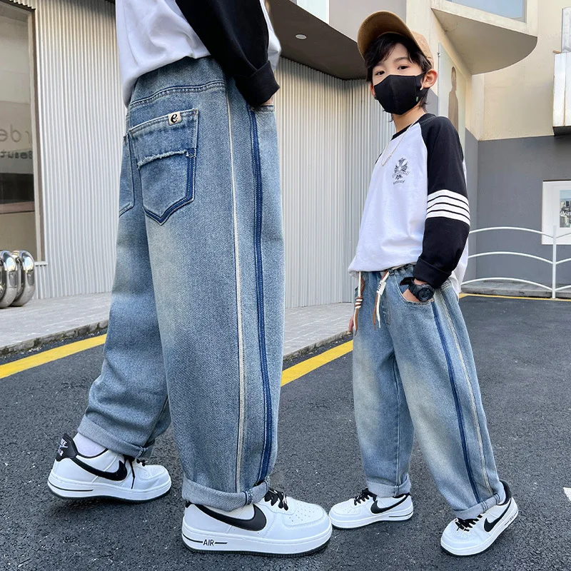 رائجة البيع الأولاد الجينز الفضفاضة مع المشارب الجانبية للطفل الخريف عالية الجودة مخطط الدينيم السراويل الاطفال الهيب هوب الشارع الشهير بنطلون #4