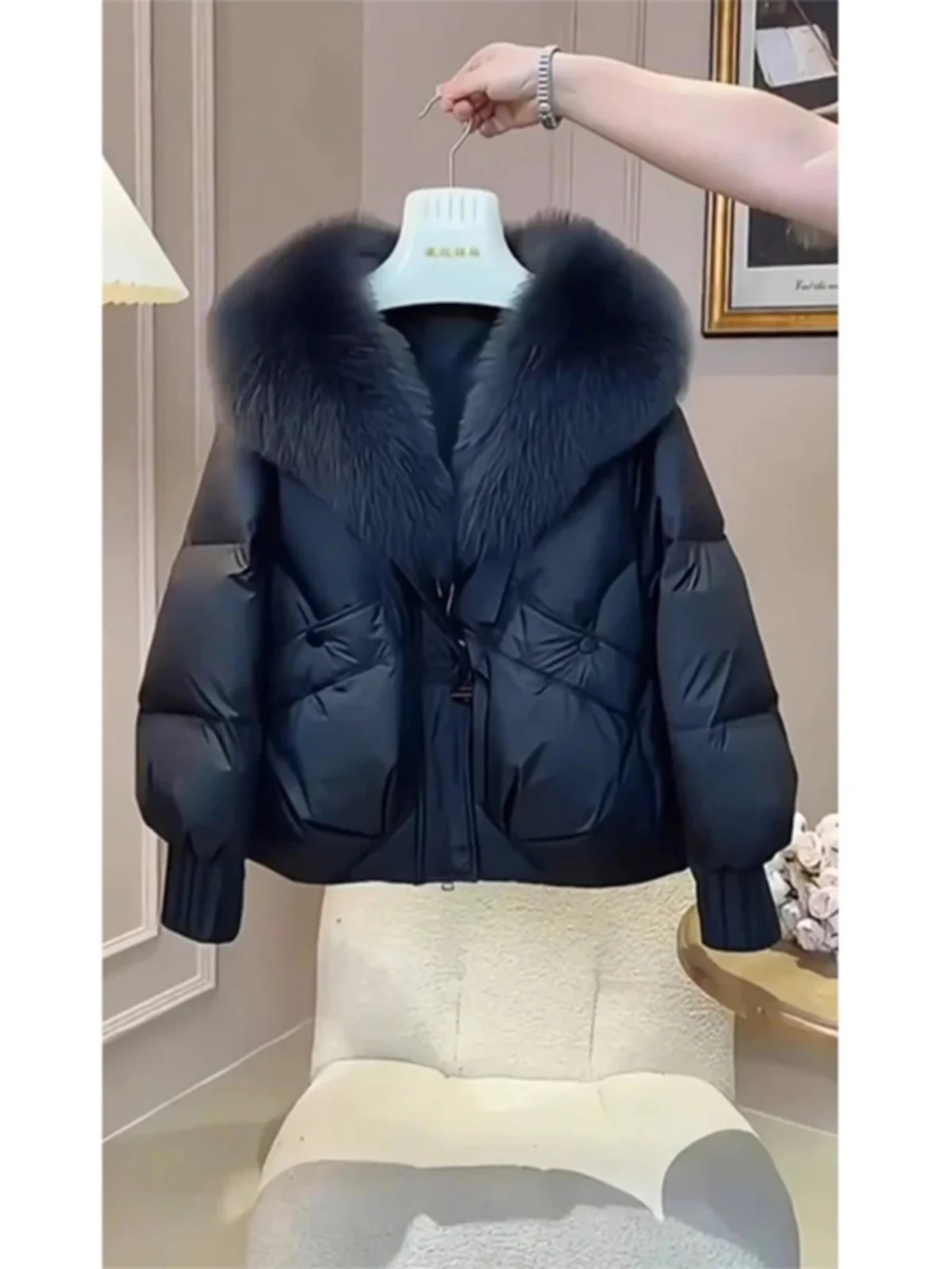 Elegant Black Cotton Jacket Thick Short Outerwear Winter Women's Top Commute Style Long Sleeve Zipper Closure Pure Color