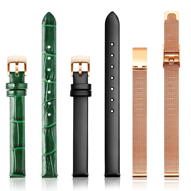 Cowhide Watch strap For DW Leather Watch band Gold Rosegold Silver Metal steel strip 10mm 12mm 14mm Green Blak