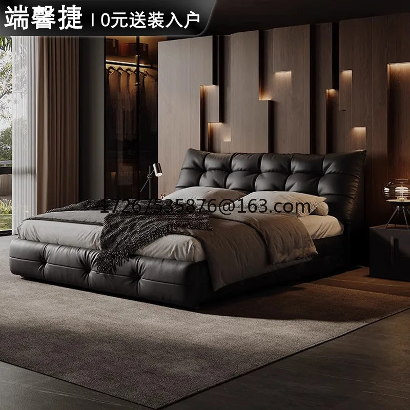 

Big black bear bed Italian minimalist leather master bedroom high-end atmosphere bedroom soft bag double bed