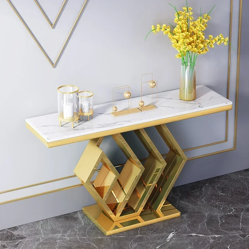 

Entrance to the house Light luxury style Entrance cabinet Against the wall Marble strip Stainless steel end view table