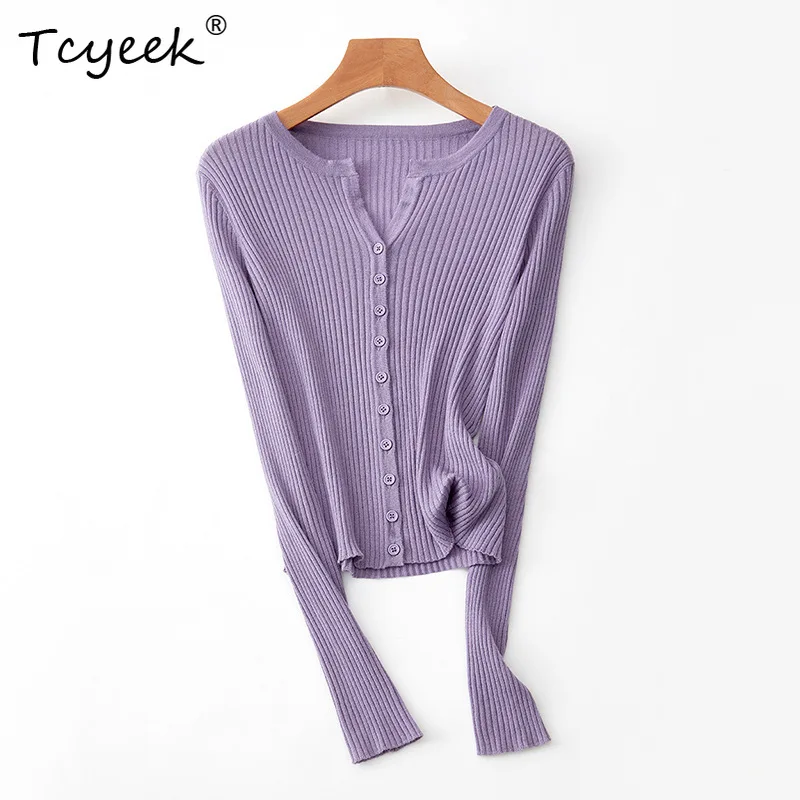 

Tcyeek, 31.9% Wool Elegant Knit Cardigan, Women Long Sleeve VNeck Air-conditioned Cloth, Chic Slim Tops, Summer Fall C47158QM