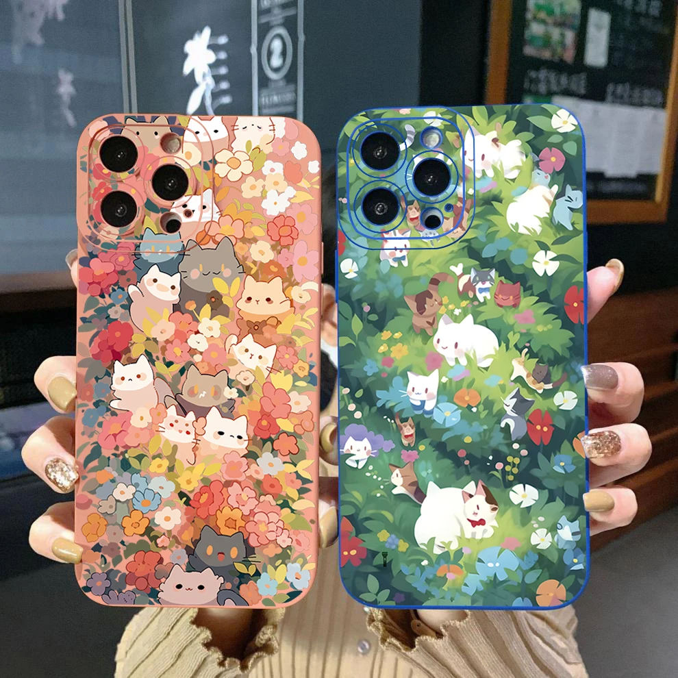 for OPPO A18 A38 A17 A16 A15 A95 A94 A54 A74 4G A53 A76 A96 A12 Flower Cute Cats Square Case Cover