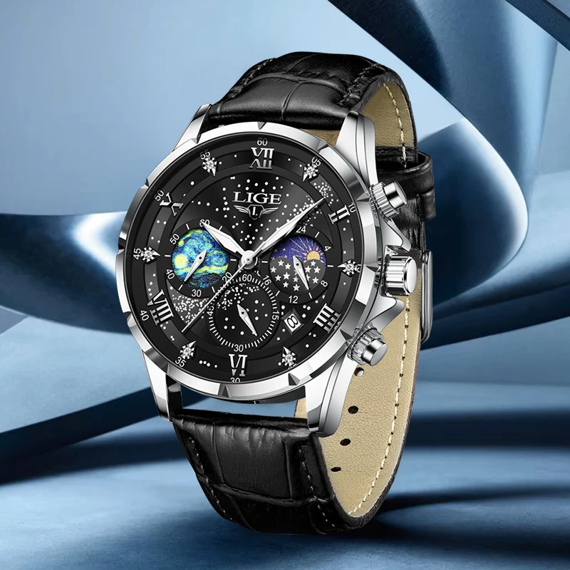 

LIGE Fashion Men's Quartz Watch Luxury Business Leather 24 Hour Moon Phase Waterproof Watch For Men Luminous Date Chronograph
