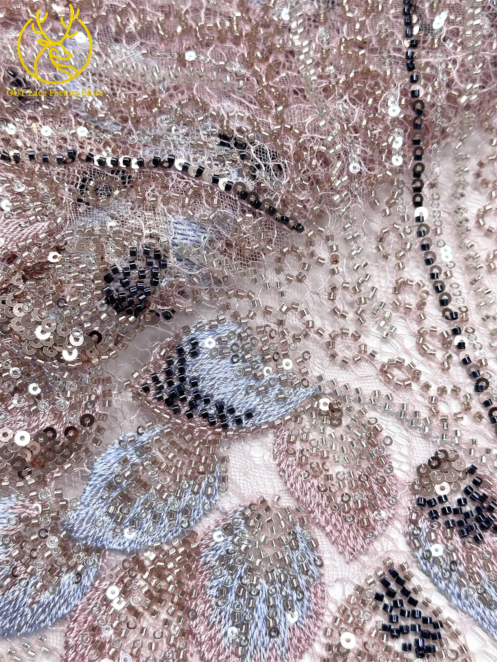 Nigerianischer Spitzenstoff im neuen Stil mit 3D-Stickerei, 5 Yards, eleganter afrikanischer Spitzenstoff mit Perlen und Pailletten für Brautkleider und Hochzeitskleider zum Nähen – Detail 15