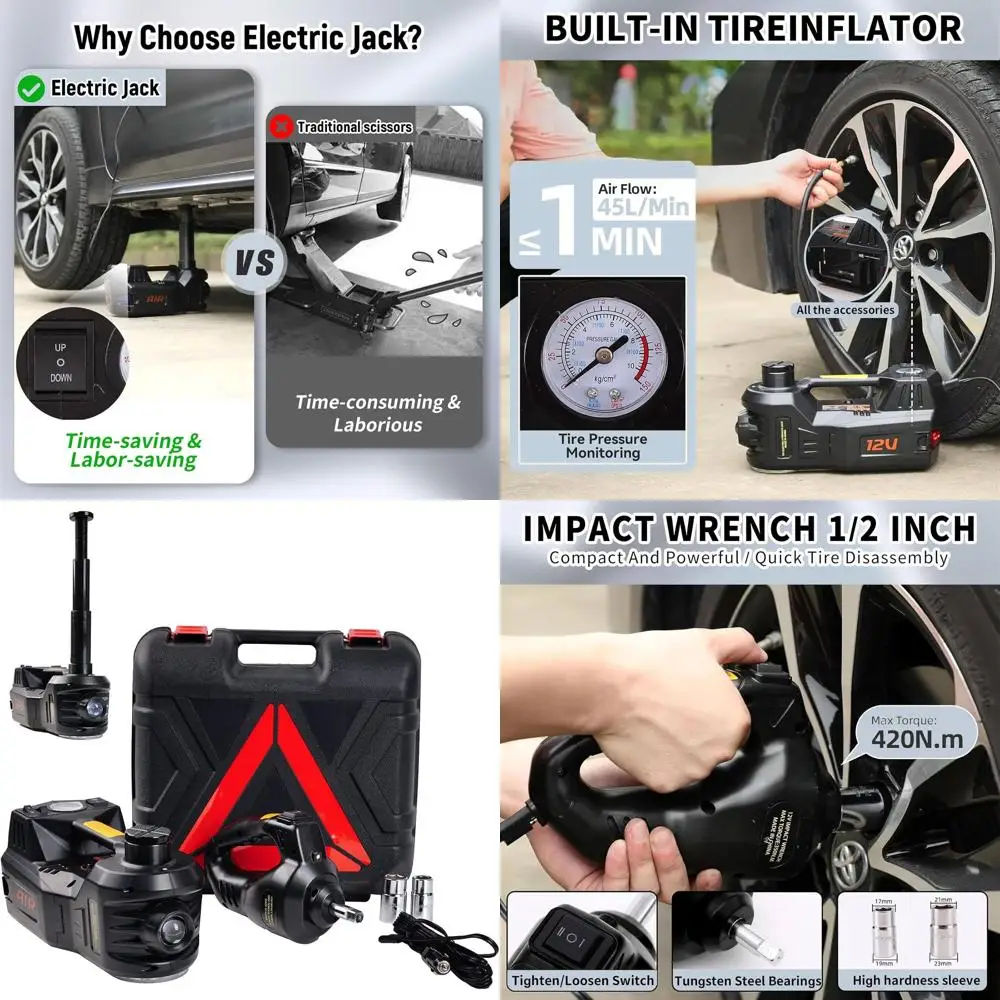 

Portable 12V 5-Ton Electric Hydraulic Car Jack Kit with Impact Wrench, Tire Inflator, and LED Light for SUV, Sedan, and Truck Re