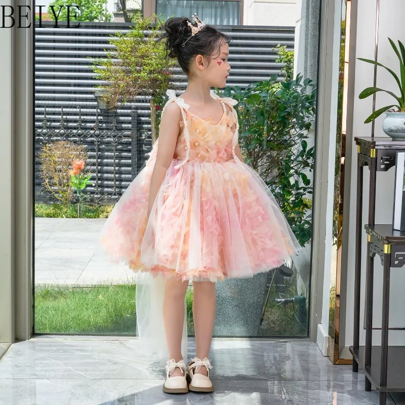 

Fairy Three Dimensional Flower Girls Princess Dress Suspender Tutu Birthday Dress Children Host Performance Sweet Dress
