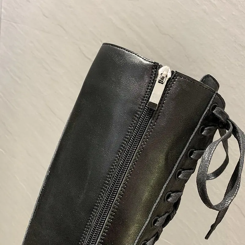2025 Modische Chunky-Plateau-Motorradstiefel für Damen, Herbst-Winter PU-Leder Kniehohe Stiefel, Punk-Stil mit Dicker Sohle, Lange Botas – Detail 25