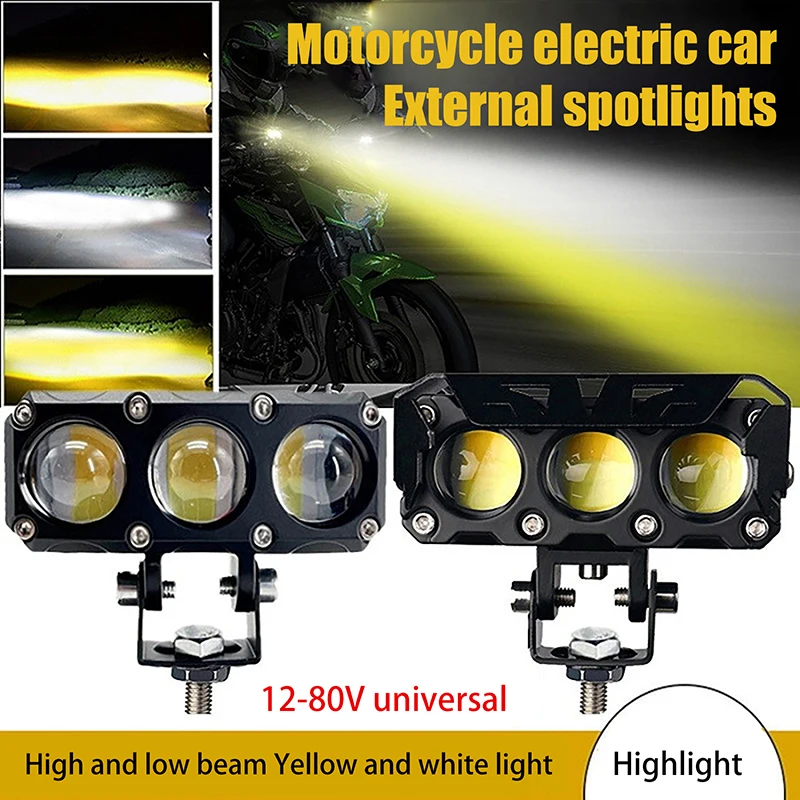 3 Eyes LED Motorcycle Spotlight Work Lamps Dual Color Hi/Low Beam Fog Light For Cars SUVs Trucks Mini Lens Driving Light