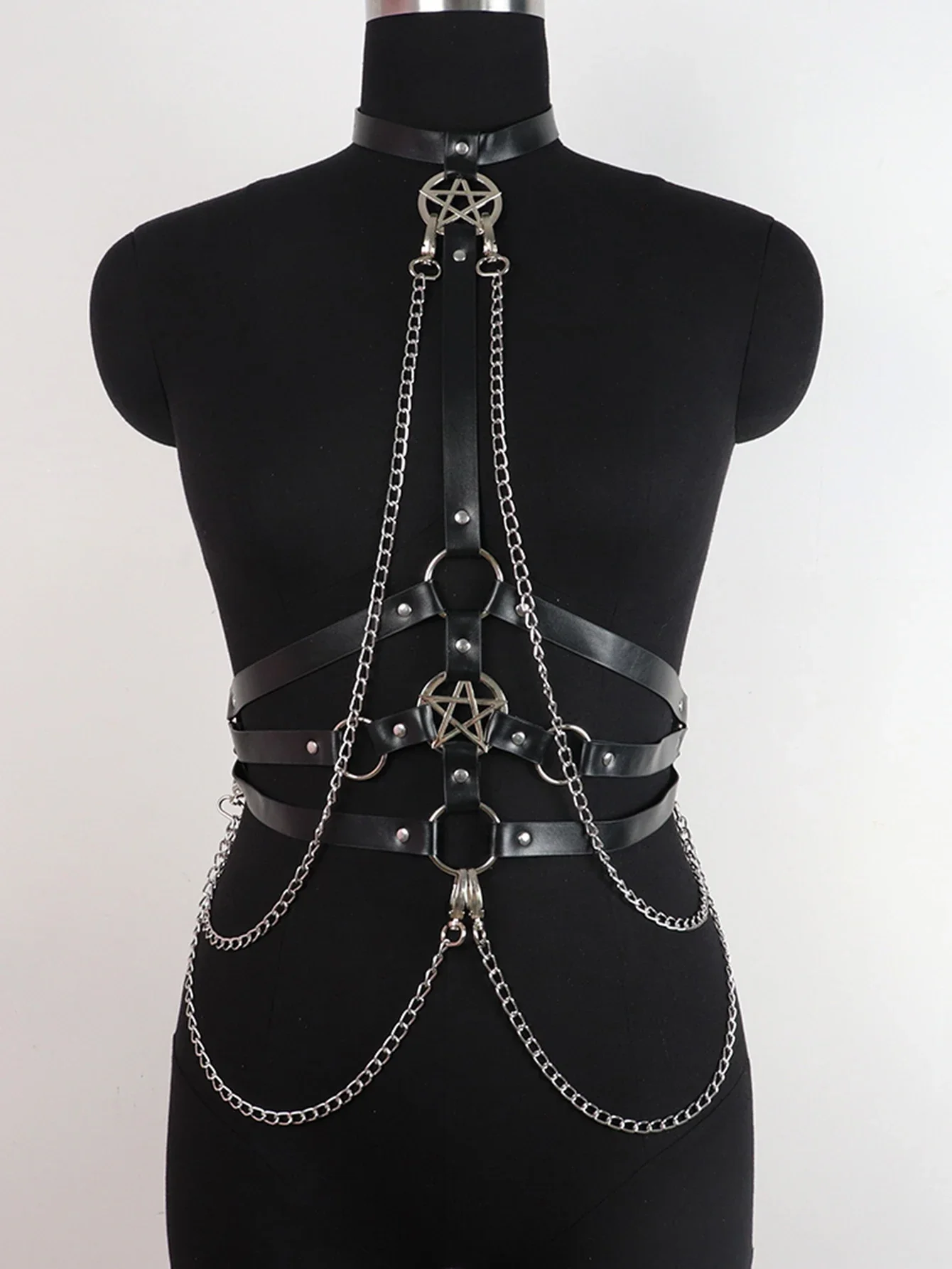 UYEE الشرير الصخرة اكسسوارات الخماسي حزام الخصر سلسلة بولي Leather الجلود مربط صدر النساء الملابس الداخلية القوطي الجسم سلسلة الحمالة Y2k حزام