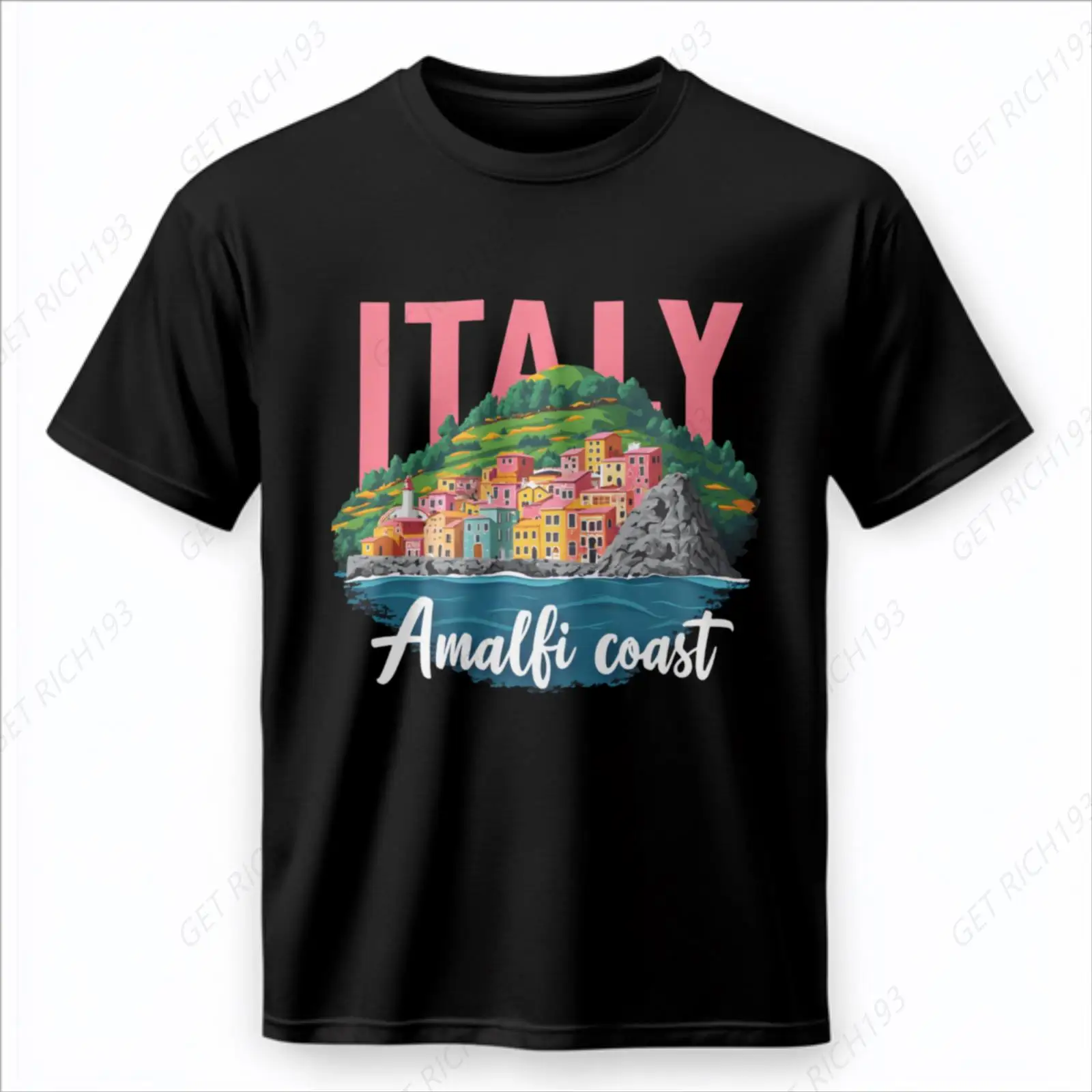 

Amalfi Coast Italy Graphic Printed Men Women Travel Short Sleeve Tshirt With Comfortable Feel Cotton
