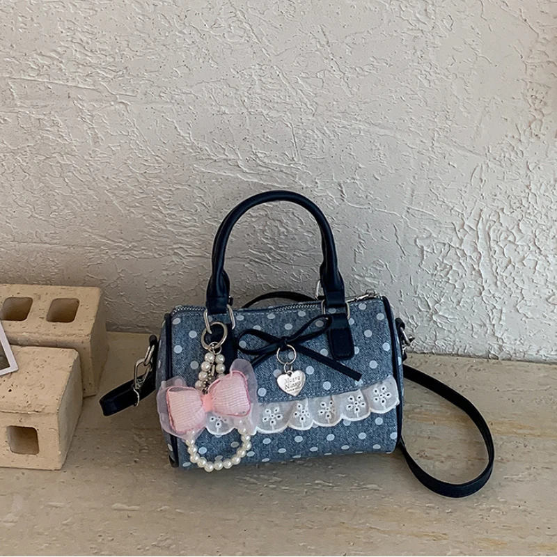 Koreanische Polka Dot Bowknot Patchwork Hobo Umhängetasche, Damenhandtasche, vielseitige, leichte, kleine quadratische Tragetasche für den Arbeitsweg – Detail 10