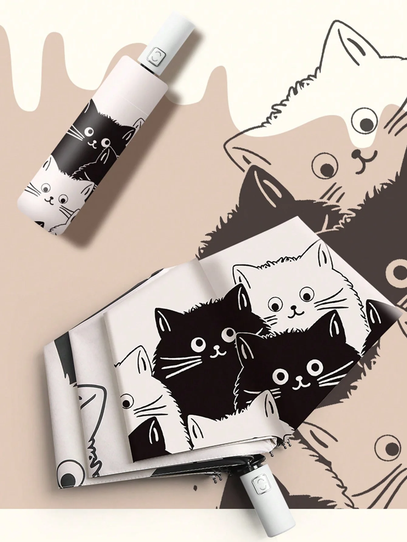 

Automatic Black and White Cat Umbrella - Folding Rain & Sun Umbrella for Women, UV Protection Sunshade with Cute Cartoon Design