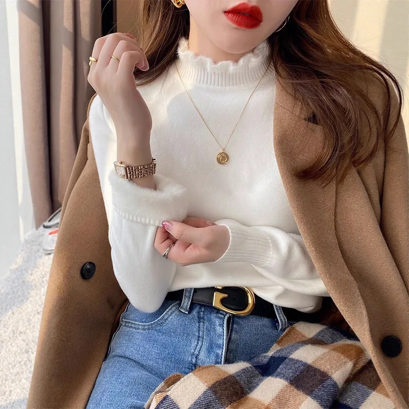 티엔드 원피스 벨벳 패브릭 밍크 벨벳 여성 니트 스웨터 미드넥 롱 슬림핏 출퇴근용