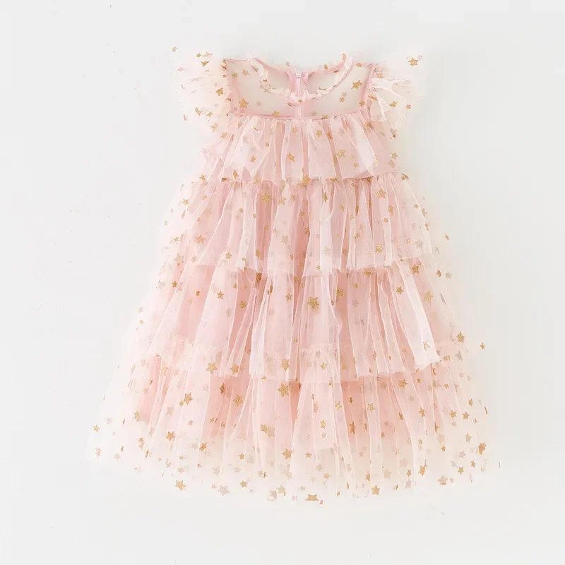 Baby Girl Toddler Clothes Princess Dress Pink Stars Sequins Cake Puffy Tulle Dresses for Girls Birthday Elegant Kids Ball Gowns