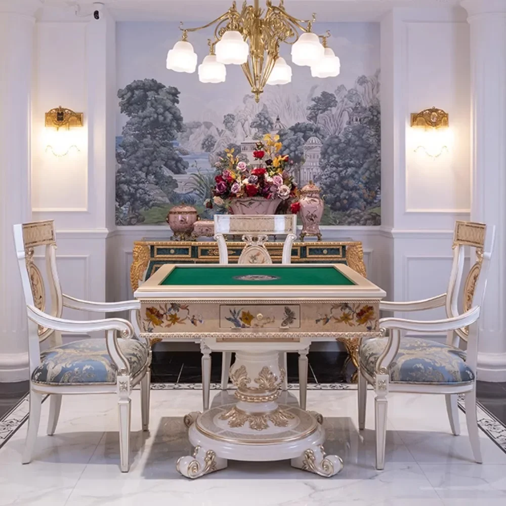 

Solid wood carved veneer shell parquet automatic mahjong table French household chess and card table