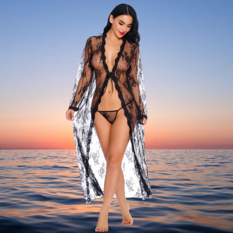 Modieuze en sexy kanten lingerie vest lange nachtjapon, doorzichtige pyjama met string, erotische lingerie nachtjapon