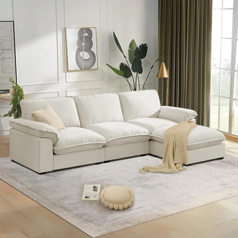 

Modular Sectional Sofa Deep Seat Cloud Couch with Reversible Chaise L Shaped Couch with Padded Armrests Chenille White Sectional