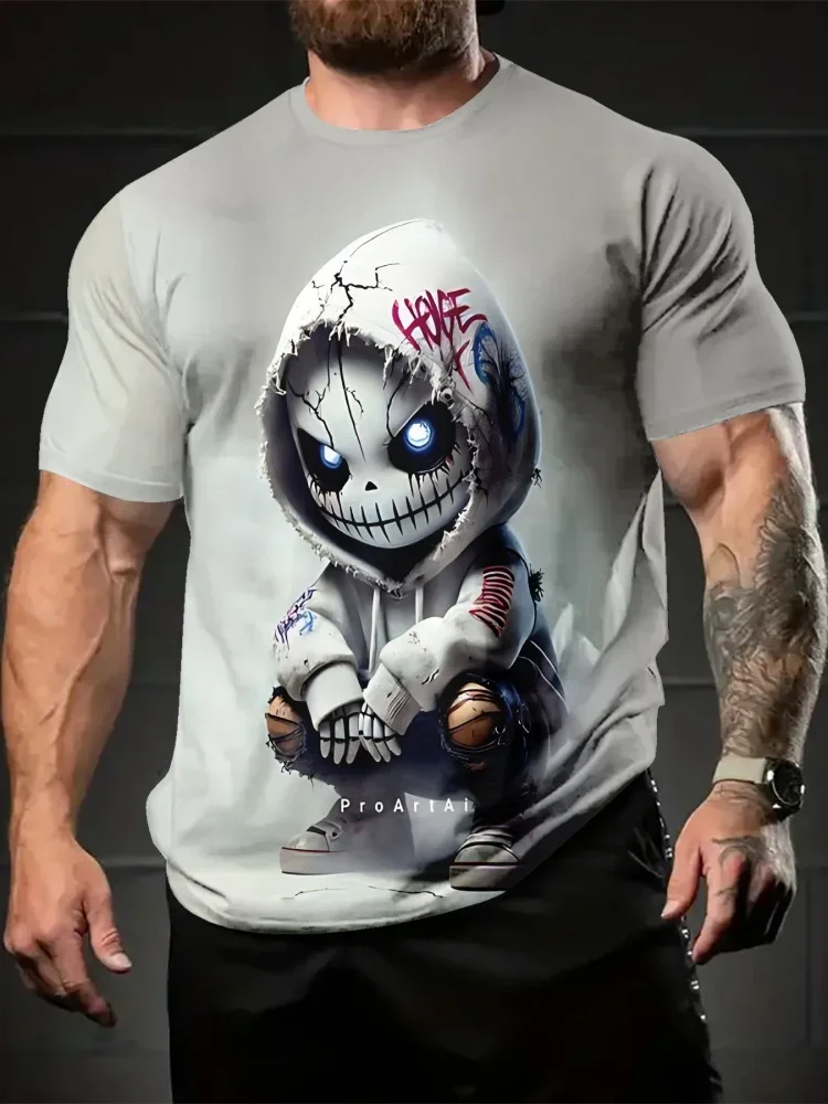 Hooded Skeleton Doll Glowing Eyes Graphic Men T-shirt Gothic Halloween Cartoon Gray Casual Short Sleeve Tee Tops