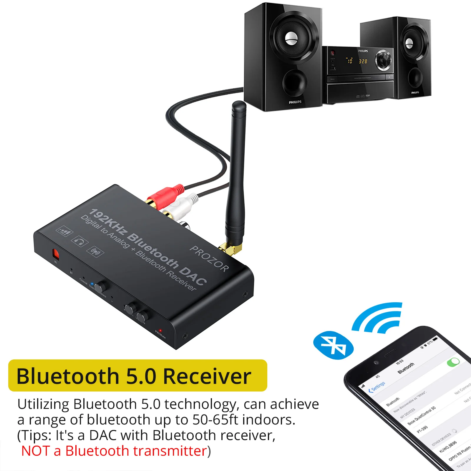 PROZOR 192kHz Digital to Analog Converter With Remote Bluetooth-Compatible DAC Digital Coaxial Toslink to Analog Stereo L/R RCA