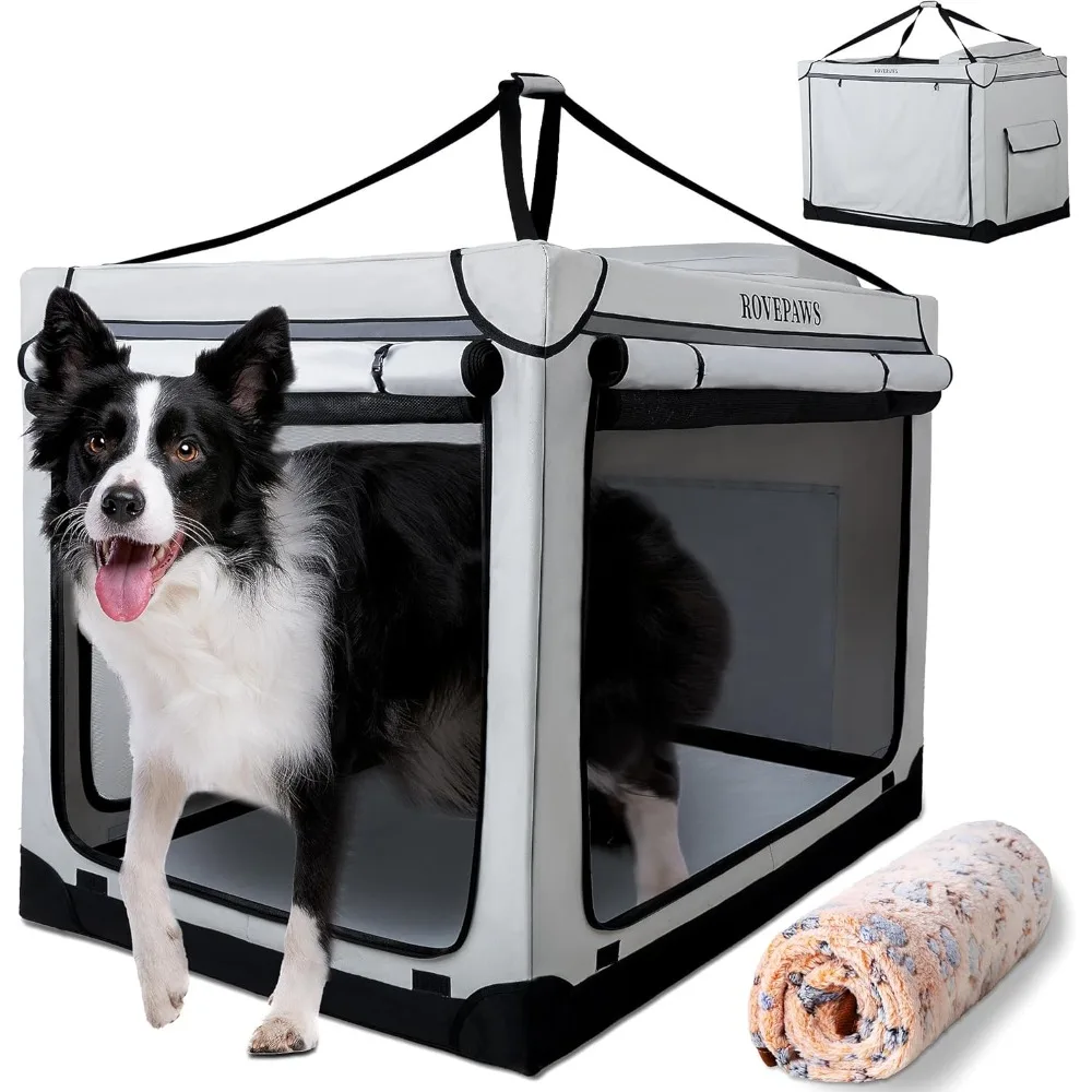 

Soft Collapsible Dog Crate - 36 Inch Portable Travel Crate with Extra Space Indoor & Outdoor, 4-Door Foldable Pet Kennel with Du