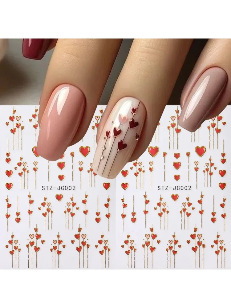 2 pièces Autocollants 3D pour ongles, motifs Cœur Saint-Valentin à rayures dorées, lignes de cœur romantiques rouge et rose, adhésifs pour manucure