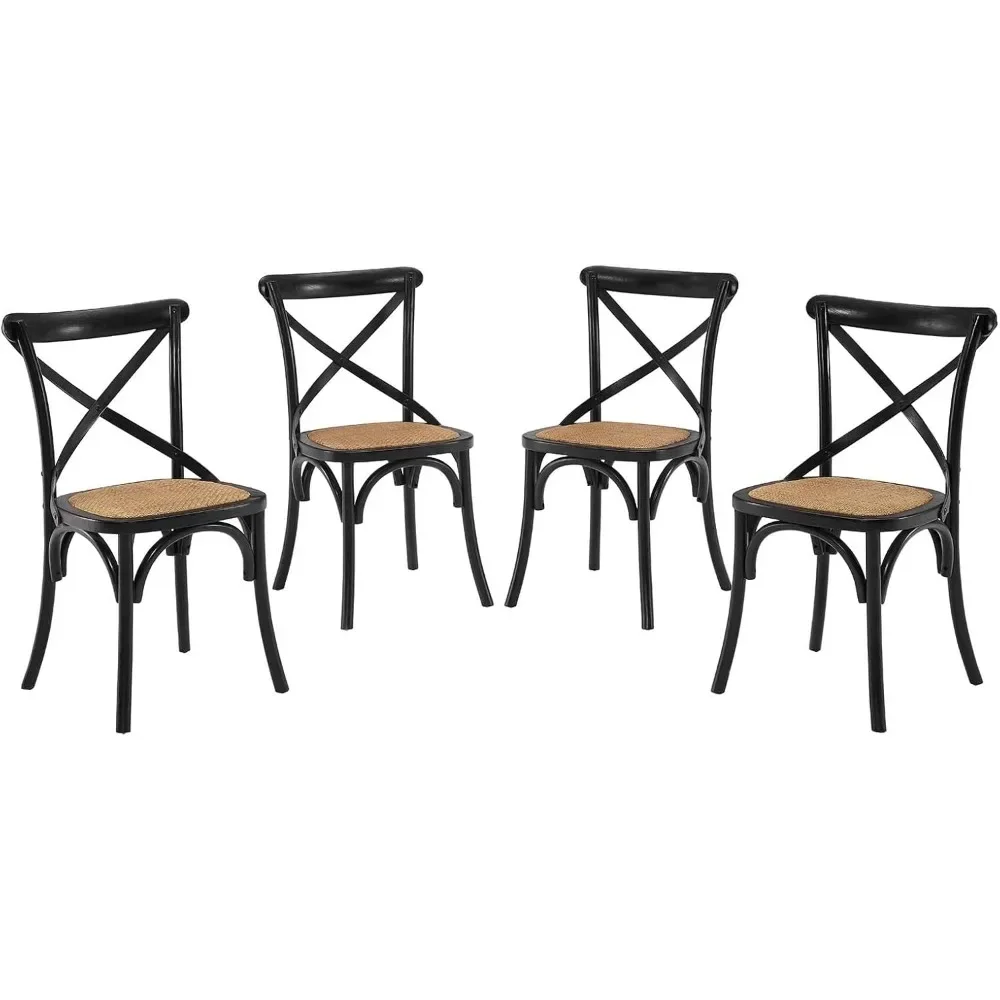 Gear Rustic Modern Farmhouse Elm Wood Rattan Four Dining Chairs in Black