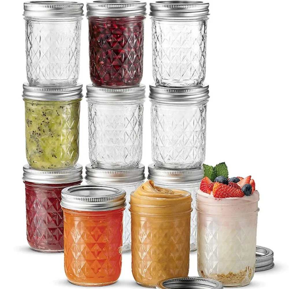 New Glass Mason Jar Transparent Diamond Pattern Transparent Glass Can Seal Labelable Split Jar Dried Fruit